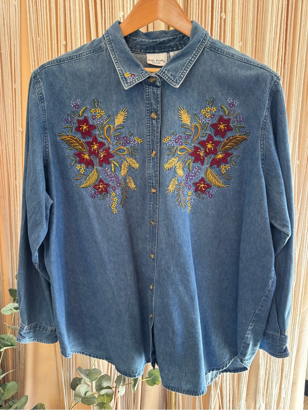 Vintage 90s  Bobbie Brooks Embroidered Denim Long Sleeve Shirt Floral 22W